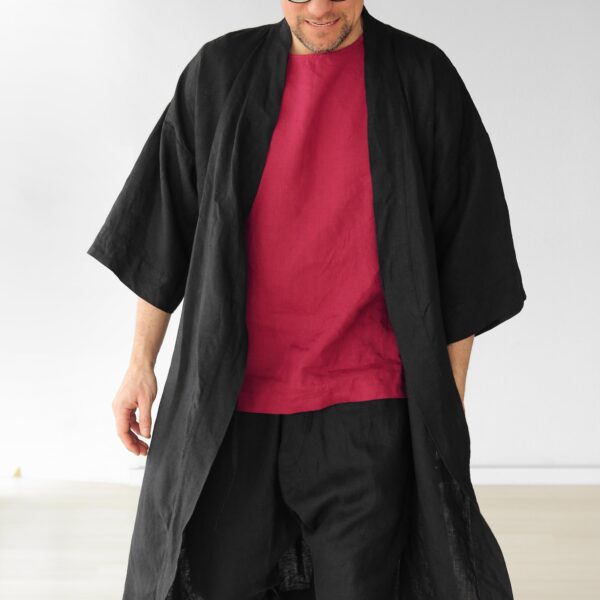 Handmade Black Linen Kimono Robe – Contemporary Zen Fit