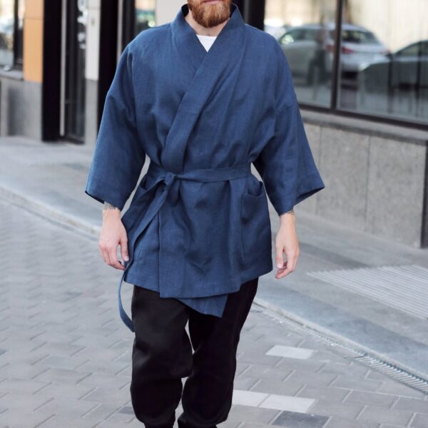 Navy Blue Kimono Style Linen Robe – Classic Menswear